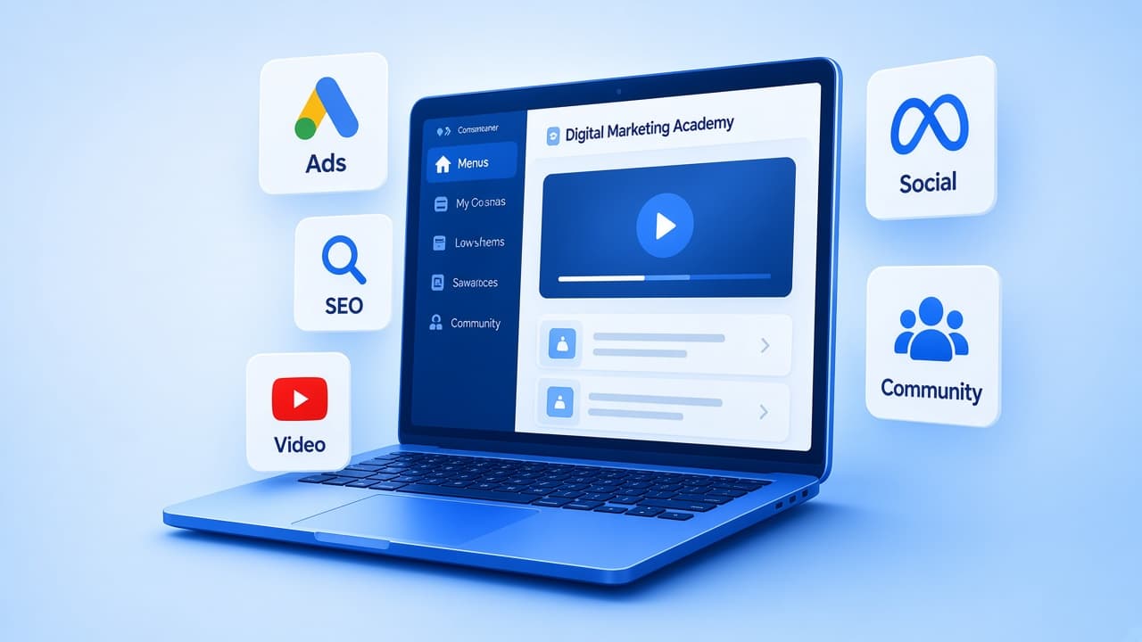 Laptop showing Digital Marketing Academy dashboard with Ads, SEO, Video, Social and Community icons